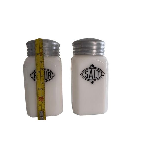 Hazel Atlas Milk Glass Condiment Set, Salt and Flour Dispensers - Picture 2 of 3